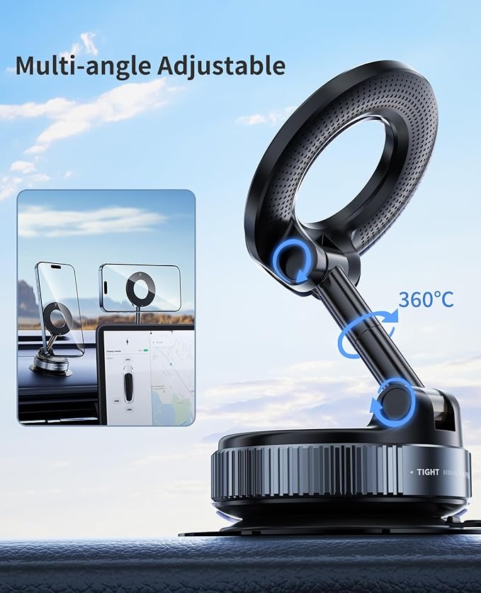 Suction Cup Phone Mount,Vacuum Magnetic Phone Holder for Car,360 Adjustable Vacuum Magnetic Phone Holder,Magnet Car Mount for All Smartphones & All Vehicle & Gym/Bathroom Mirror