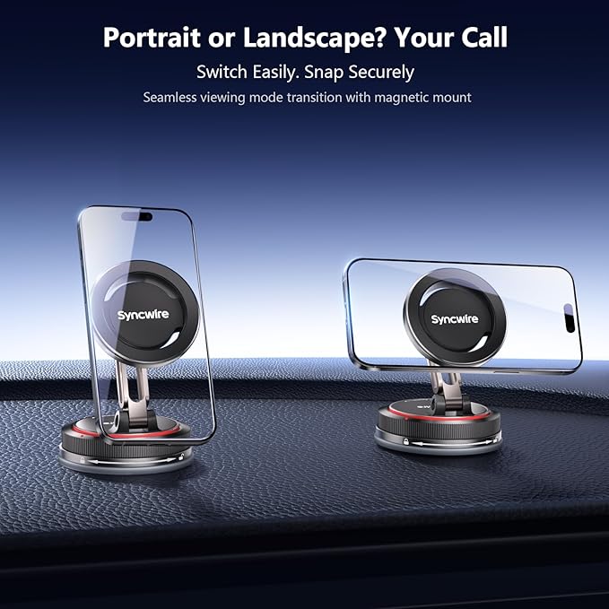 SYNCWIRE for MagSafe Car Mount [2-Axis Design] Nano Adhesive Gel + Suction Cup Magnetic Phone Holder for Dashboard & Windshield, 360° Adjustable for iPhone 17 16 15 14 13 12 11, Samsung, Matte Black