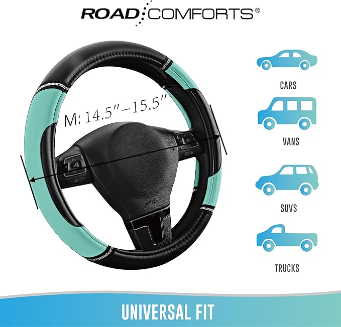 Road Comforts Leather Steering Wheel Cover - Made with PVC Leather - Anti-Slip, Universal Fit 14 1/2 inches to 15 inches - Mint