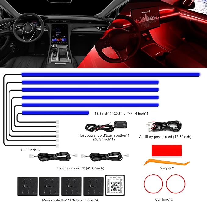 Acrylic Interior Car LED Strip Light with Wireless APP, RGB 6 in 1 with 175 inches 612 LEDs Fiber Optic Car Ambient Lighting Kits, Dynamic Music Sync Neon LED Strip Lights for Car