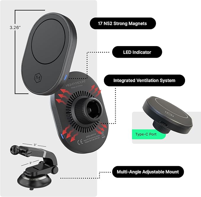 Wireless Car Charger Multi-Angle Adjustable Dashboard/Windshield Mount Smartphones, Magnetic Car Phone Holder, Fast Charging, Universal Dashboard Fit, Gifts for Mom