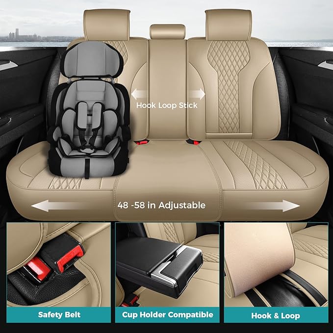 Leather Car Seat Covers - Breathable Faux Leather Seat Covers Full Set for Cars SUV Sedan - Waterproof - Beige