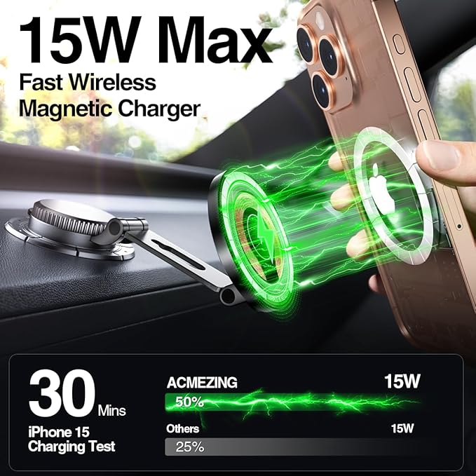 15W Magnetic Wireless Car Mount Charger,XO Foldable and Adjustable Fast Charging Phone Holder, Ultra Mag Safe Car Charger for iPhone 16 15 14 13 12, Gifts for Men/Women