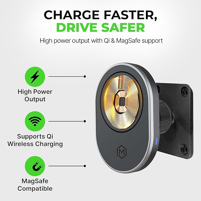 Wireles Charger Magnetic Phone Mount - Car Cell Phone Holder with AMPS Mounting Plate - Stand Compatible with iPhone 14/15/16/17/Samsung, Fast Charging (Drill Base AMPS Plate)