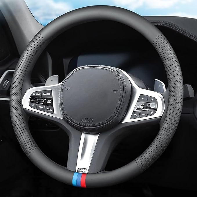 Tricolor Stripes Car Steering Wheel Cover,14.5-15 Inch Universal Nappa Leather 3D Mesh Covers Breathable Anti-Slip Odorless Steering Wheels Accessories for Men Women