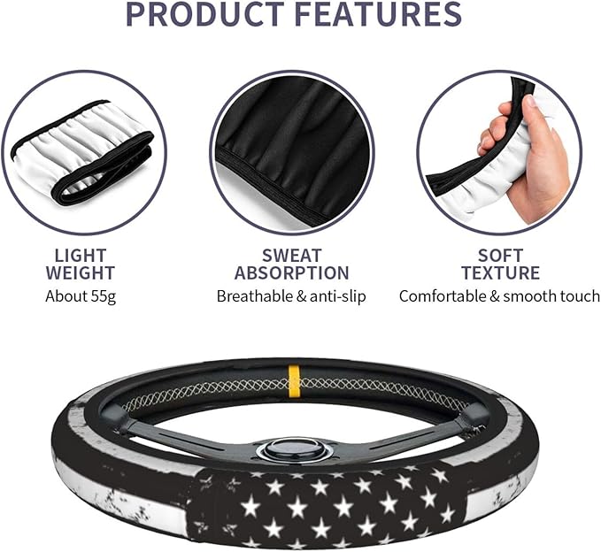 American Flag Steering Wheel Cover with 2 Car Coasters Non Slip Neoprene for Women Men Universal 15 Inch