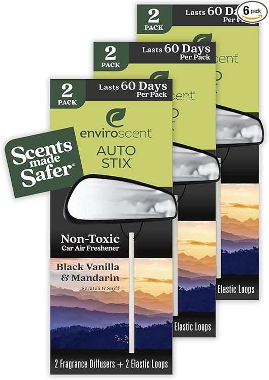 Enviroscent Non-Toxic Car Air Freshener (Black Vanilla & Mandarin) Natural Car Air Freshener | Essential Oil Diffuser | Car Scent Lasting Over 180 Days | 3 Packs of 2 Hanging Auto Stix