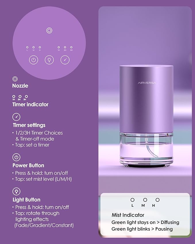 Airversa Essential Oil Diffuser Waterless Aromatherapy Diffusers for Home Large Room, Bedroom, Car, Office, Desk, Battery Operated, Small Diffuser for Pure Scent, 100mL Capacity, AN9 (Lavender)