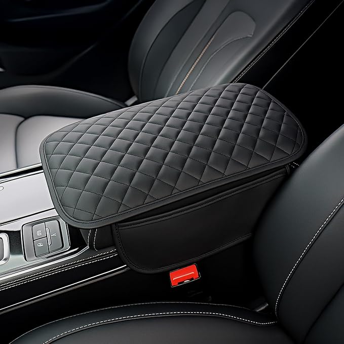 DS Extended Car Center Console Cover with 2 Storage, Microfiber Leather Car Armrest Cover Cushion for SUV Truck, Universal Car Accessories Memory Foam Comfort Stylish Leather Design (Black Longer)