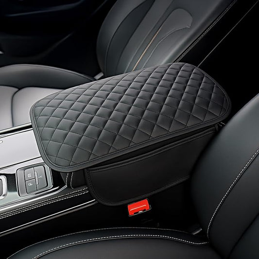 DS Extended Car Center Console Cover with 2 Storage, Microfiber Leather Car Armrest Cover Cushion for SUV Truck, Universal Car Accessories Memory Foam Comfort Stylish Leather Design (Black Longer)