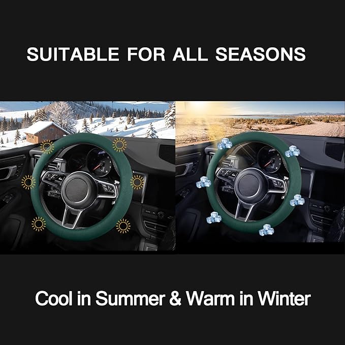Suede Steering Wheel Cover with Upgraded Silicone Inner Ring, Breathable, Anti-Slip, Leather Universal 14.5 to 15 Inch Steering Wheel Cover (Pure Green)