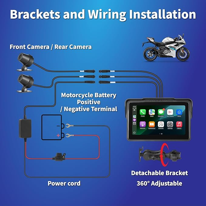 Motorcycle CarPlay Screen 7", Waterproof GPS Display for Motorbike, Wireless CarPlay & Android Auto para Moto, Dual Bluetooth, Touchscreen, Music Sharing Siri (7" CarPlay + Dual Camera)