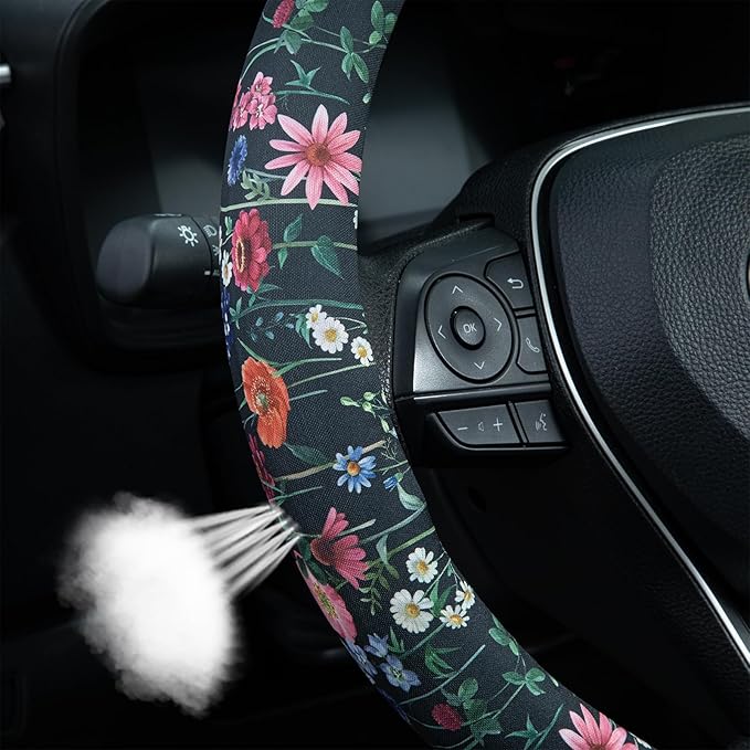 Wild Flowers Steering Wheel Cover Auto Steering Wheel Protector, Anti-Slip, Breathable, Absorbing Sweat, Universal Floral Car Accessories 14.5–15 inch,Fit for Most Car, Trucks, SUV