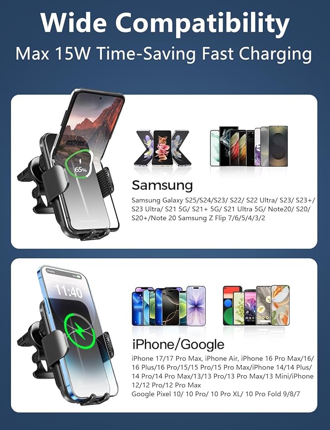 Wireless Car Charger for Samsung Galaxy Z Flip, 15W Charging [AUTO MOVING COIL], Dash Air Vent Auto-Clamping Car Phone Holder Charger Mount Wireless Charging for iPhone 17/16/15, Galaxy Z Flip 7/6/5/4