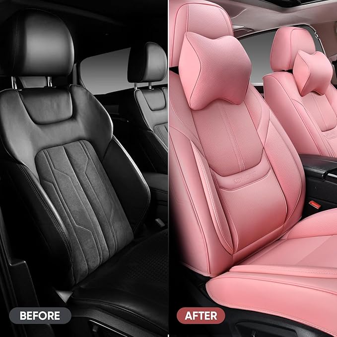 Auto Car Seat Covers Accessories Full Set Leather Cushion Protector Universal Fit 7 Colors (Pink, Front Pair and Rear)