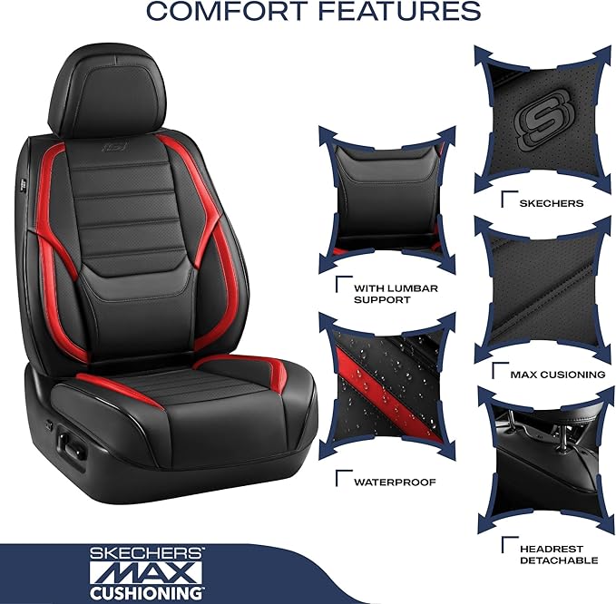 Skechers MAX Cushioning Seat Covers,Memory Foam Leather Car Seat Covers,Waterproof Car Seat Protector Front Seats,Car Seat Cushion Airbag Automotive Universal Fit for Most Cars,Vans,Trucks,SUV,Red