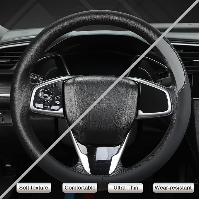 West Llama Thin Car Steering Wheel Cover, Universal 14.5-15 inch Nappa Leather Steering Wheel Cover, Ultra Thin, Anti-Slip, Breathable(Black+Gray-Standard Size)
