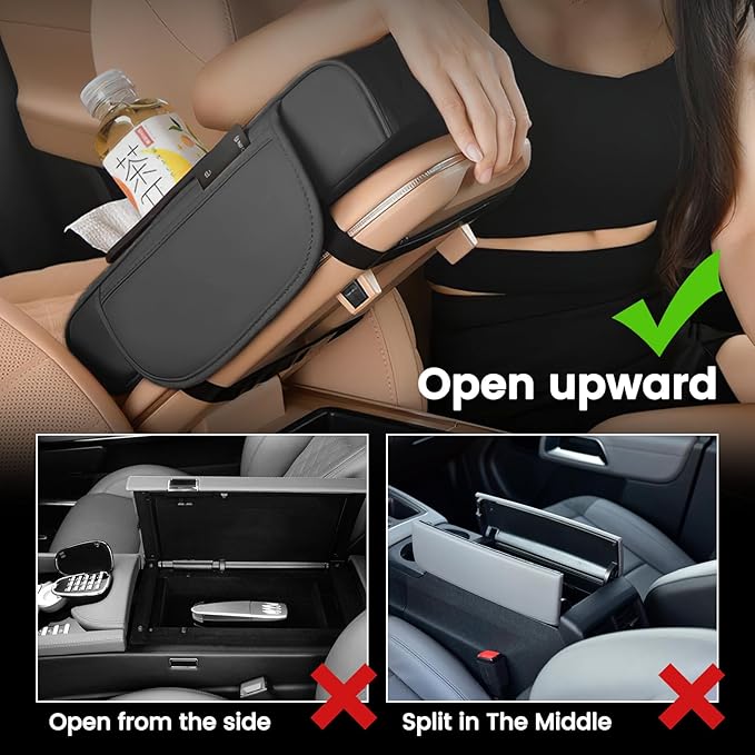 LEIWOOR 4-in-1Car Center Console Organizer with Height-Adjustable Armrest Pad - Leather Storage Box, Pillow Cushion & Protective Cover, Universal Interior Accessories(Grey, Large)