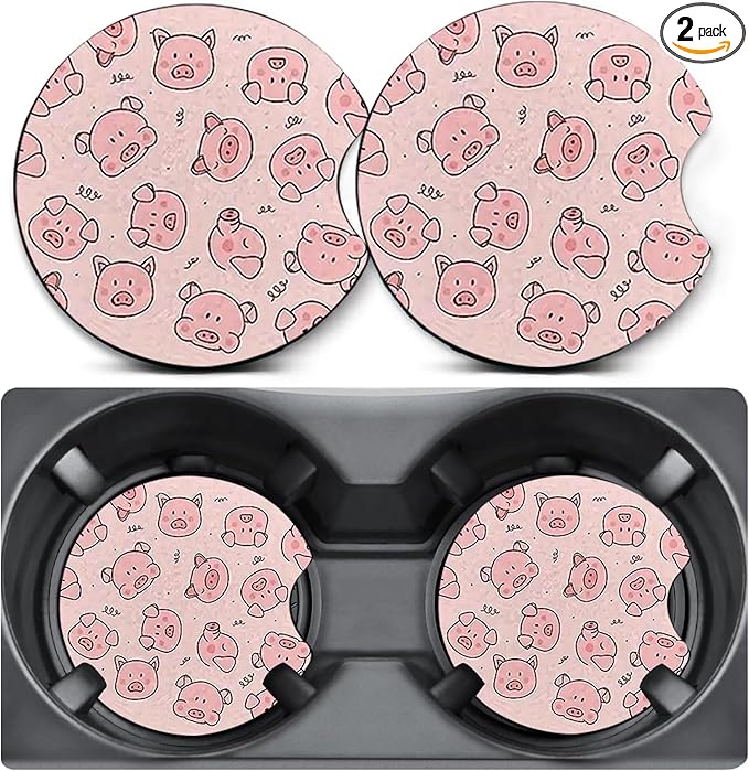 2 Pack Car Coasters for Cup Holders,Cute Pig Car Cup Holder Coasters,2.75" Universal Size Anti Slip Rubber Mat,Automotive Interior Accessories,Automotive Cup Holder Decor,Pig Gifts for Women Men Mom