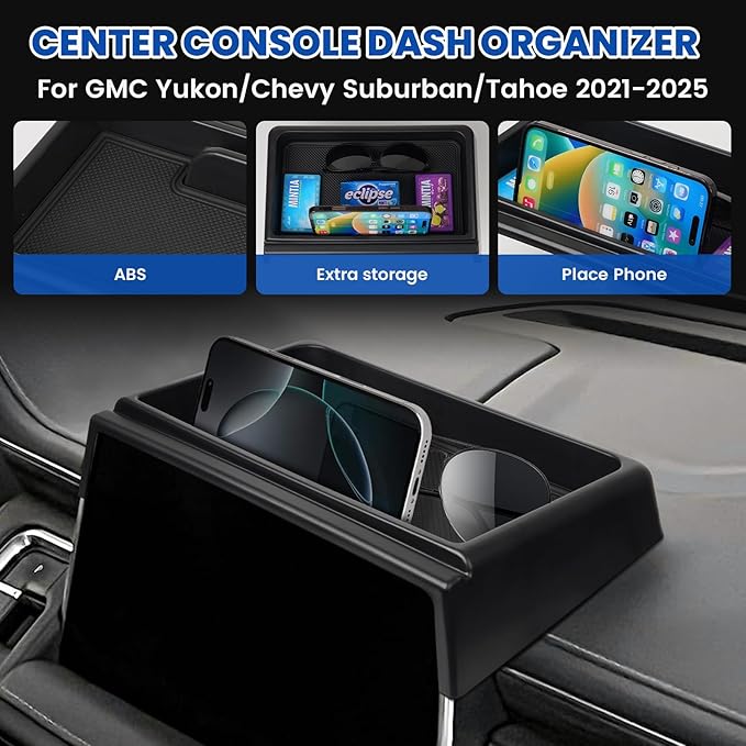 Autorder Center Console Dash Organizer for 2021-2024 GMC Yukon/Chevy Suburban/Tahoe Accessories Dashboard Insert Tray with Cellphone Holder Storage Box with Anti-Slip Mat (Not for Denali)