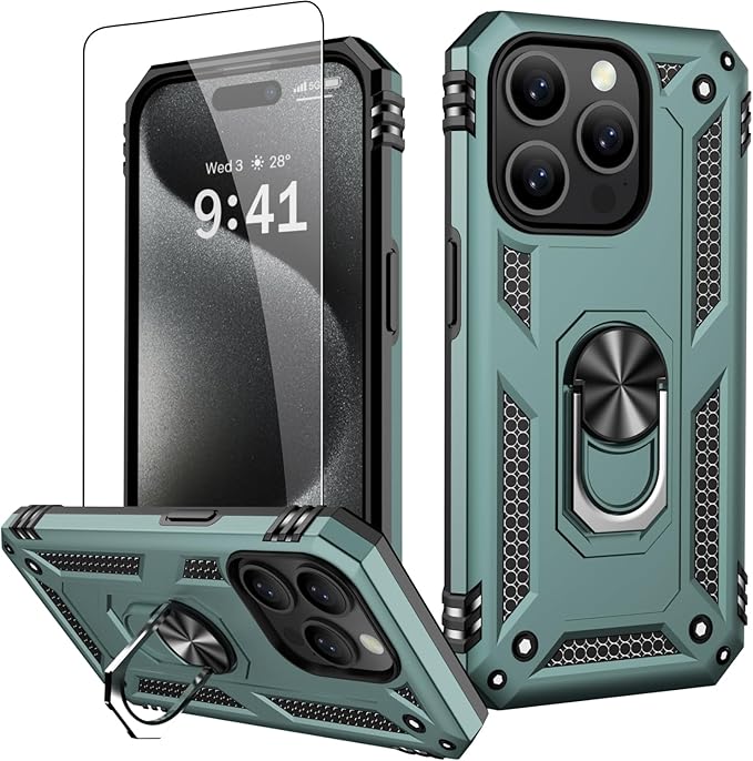 IKAZZ for iPhone 14 Pro Max Case 6.7 Inch with Screen Protector,Military Grade Shockproof Heavy Duty Protective Phone Cover Pass 16ft Drop Test with Magnetic Kickstand Car Mount Holder,Pine Green