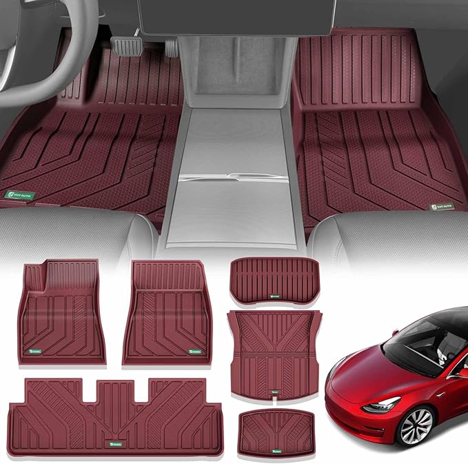 YHTAUTO Custom Fit Red Floor Mats for 2024 2025 Tesla Model 3 Highland, All Weather TPE Car Mats Carpet, Front Rear Trunk Cargo Liner, Rear Storage Liner Mats, Anti-Slip Waterproof Orderless, Set of 6