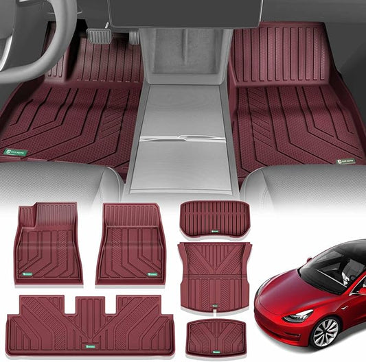 YHTAUTO Custom Fit Red Floor Mats for 2024 2025 Tesla Model 3 Highland, All Weather TPE Car Mats Carpet, Front Rear Trunk Cargo Liner, Rear Storage Liner Mats, Anti-Slip Waterproof Orderless, Set of 6