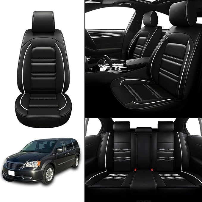Seat Covers for Chrysler Car Town and Country 2000-2016 | 5-Seats Leather Seat Covers, Easy to Install Automotive Seat Covers Full Set (Full Set, Black&White Line)