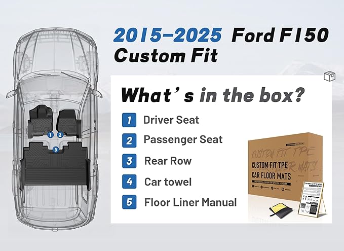 TPE All-Weather Floor Mats for Ford F-150 2015-2025 | Custom Fit Heavy Duty Truck Floor Liners | Front & Rear Row Protection | Durable, Odorless, Easy to Clean (3-Piece Set, Black)