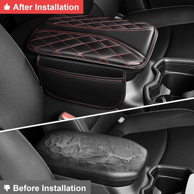 YORKNEIC Center Console Cover Fit for Ford Fusion,Upgraded Faux Leather Car Armrest Cover with 2 Storage Bags,Anti-Scratch/Wear-Resistant/Waterproof Car Armrest Cushion Protector(Black&Redline)