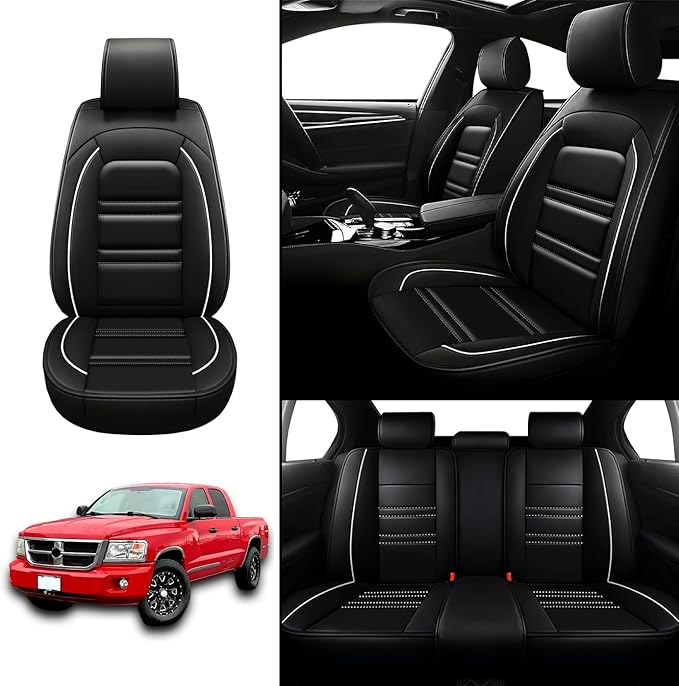 Seat Covers for Dodge Dakota 2000-2011 | 5-Seats Leather Seat Covers, Easy to Install Automotive Seat Covers Full Set (Full Set, Black&White Line)