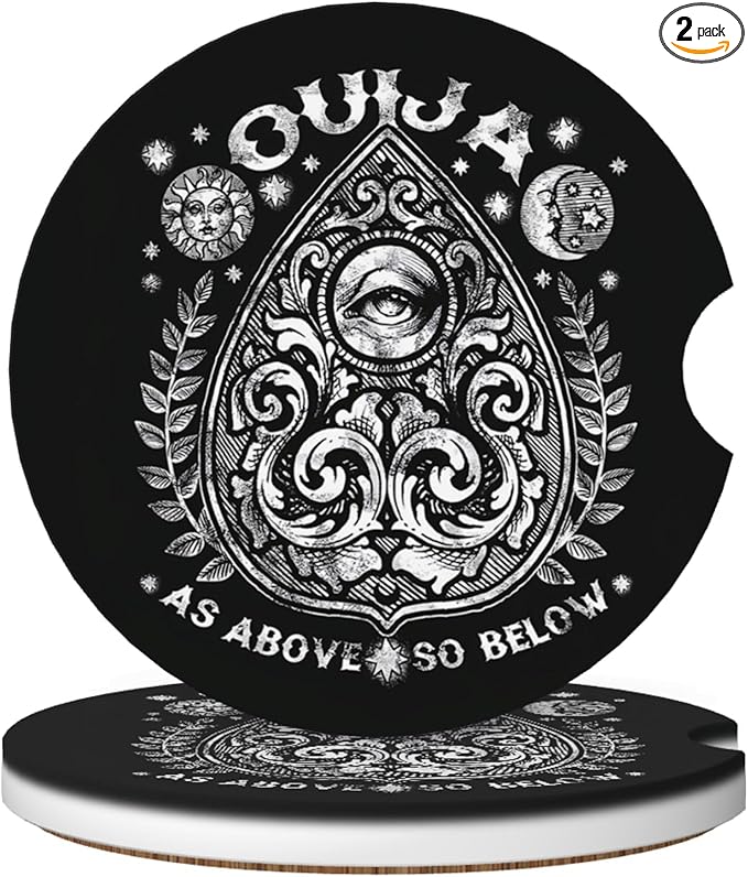 Absorbent Car Coasters for Cup Holders, 2 Pack Universal Anti Slip Ceramic Cup Coaster for Women Men 2.56 Inch Car Interior Accessories - Vintage Ouija 022