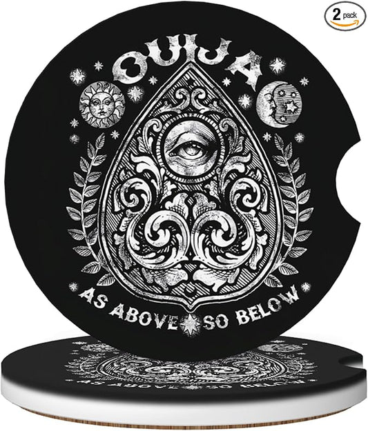 Absorbent Car Coasters for Cup Holders, 2 Pack Universal Anti Slip Ceramic Cup Coaster for Women Men 2.56 Inch Car Interior Accessories - Vintage Ouija 022