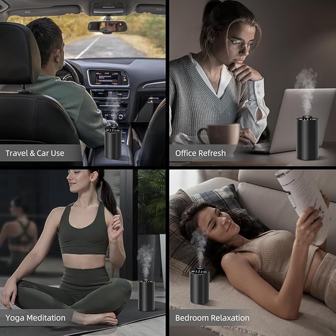 Waterless Essential Oil Diffuser Aromatherapy Scent Diffuser for Home Large Room, Bedroom, Car, Office, Desk, Battery Operated Mini Portable Air Freshener,4 Timers & 3 Mist Levels (Black)