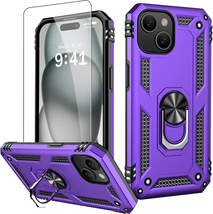 IKAZZ for iPhone 13 Case 6.1 Inch with Screen Protector,Military Grade Shockproof Heavy Duty Protective Phone Cover Pass 16ft Drop Test with Magnetic Kickstand Car Holder,Purple