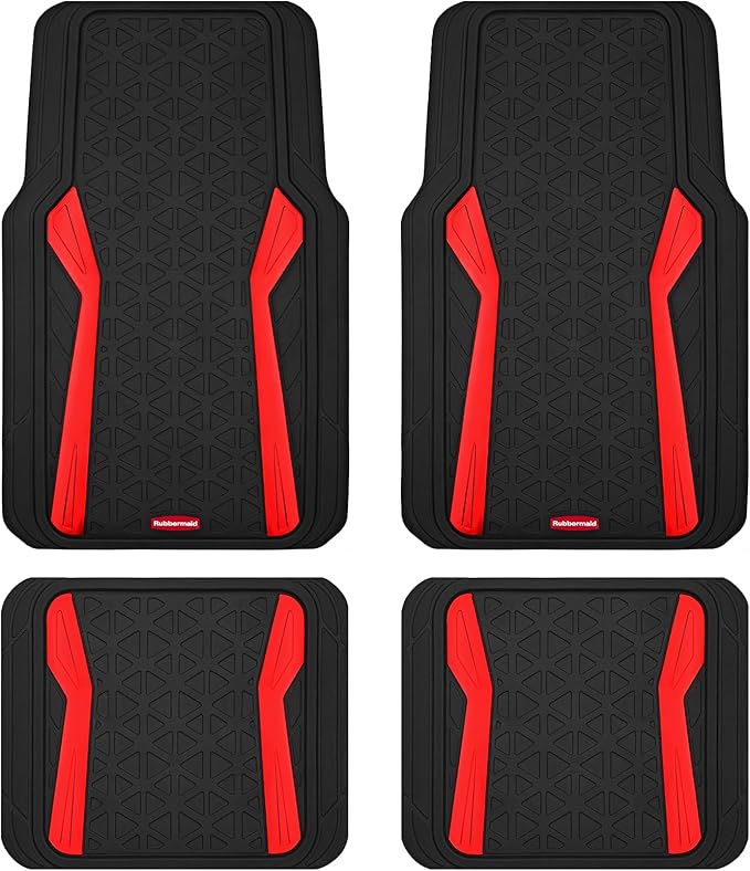 Rubbermaid Car Floor Mats Full Set,Premium Heavy Duty All-Weather Car Mats– Rugged Rubber with Brushed Aluminum Inserts, Universal Trim-to-Fit, Anti-Slip Backing for Cars, SUVs, Trucks & Vans - Red