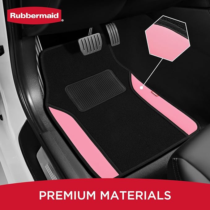 Rubbermaid Car Mats, Carpeted Floor Car Mat with Faux Leather & Built-in Heel Pad, Two-Tone Car Rug Floor Mats, Stylish Carpeted Floor Mats for Cars, Trucks & SUVs Pink Color