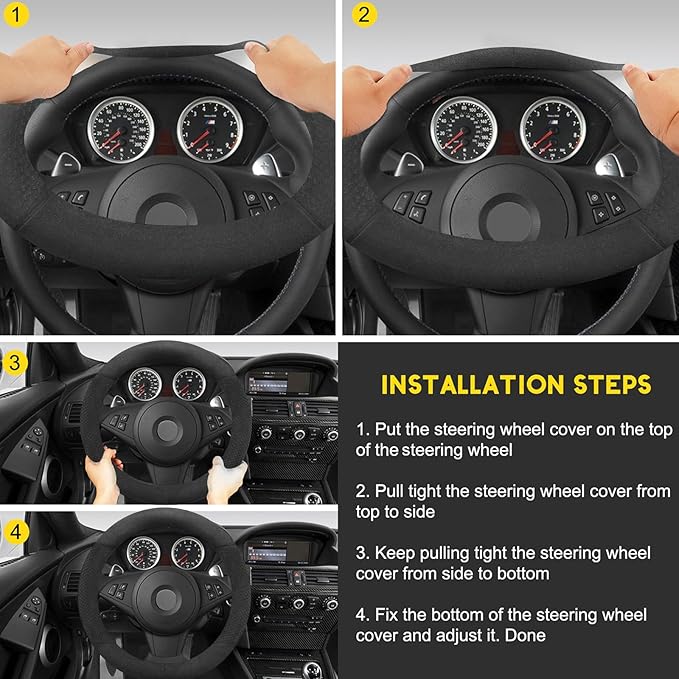 Suede Steering Wheel Cover with Upgraded Silicone Inner Ring, Breathable, Anti-Slip, Leather Universal 14.5 to 15 Inch Steering Wheel Cover (Black with Embossing Pattern)