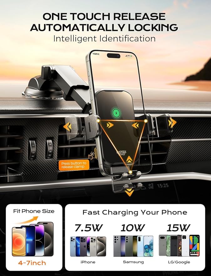 Wireless Car Charger Phone Holder Mount, 15W Fast Charging Auto Clamping Phone Holders for Your Car Dashboard Windshield Air Vent Car Accessories for iPhone, Samsung Galaxy, Google Pixel etc