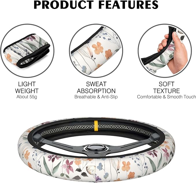 Watercolor Wildflowers Car Steering Wheel Cover, Non-Slip Absorbing Sweat Car Wheel Cover Accessories for Men Women,Universal 15" Fit Auto SUV Vans Trucks