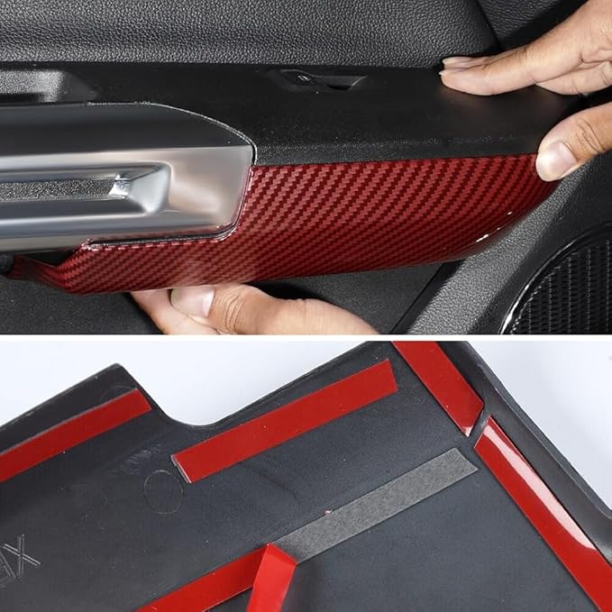 Door Armrest Panel Trim Cover Inner Door Handle Frame Sticker Compatible with Ford Mustang 2015-2025 Interior Accessories (Carbon Fiber Red)