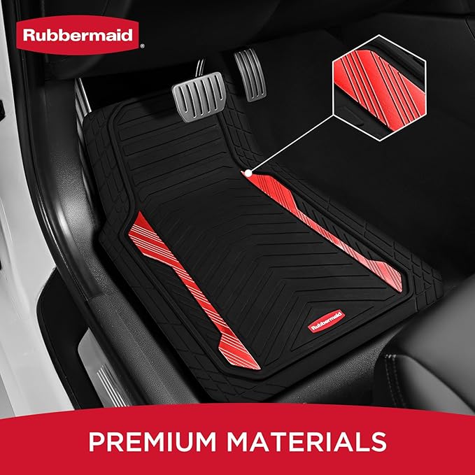 Rubbermaid Car Floor Mat, Heavy Duty All-Weather Car Mats Full Set with Dual-Tone Red Aluminum Inserts – Universal Fit, Anti-Slip Backing, Trim-to-Fit for Most SUV, Sedan, Van