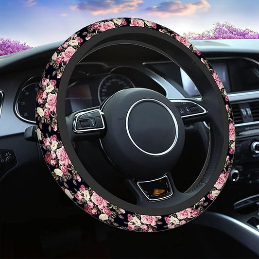 Swono Roses Car Steering Wheel Cover,Watercolor Floral Rose Peony Safe Driving Anti-Slip Steering Wheel Covers Steering Wheel Protection Case No Smell Universal 15 Inch