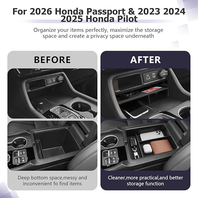 LUWU 2026 Honda Passport Accessories Compatible with 2023 2024 2025 Pilot & 2026 Passport Center Console Organizer, Armrest Storage Box Tray Organizer Insert Tray 2025 Pilot Accessories Black 2PCS