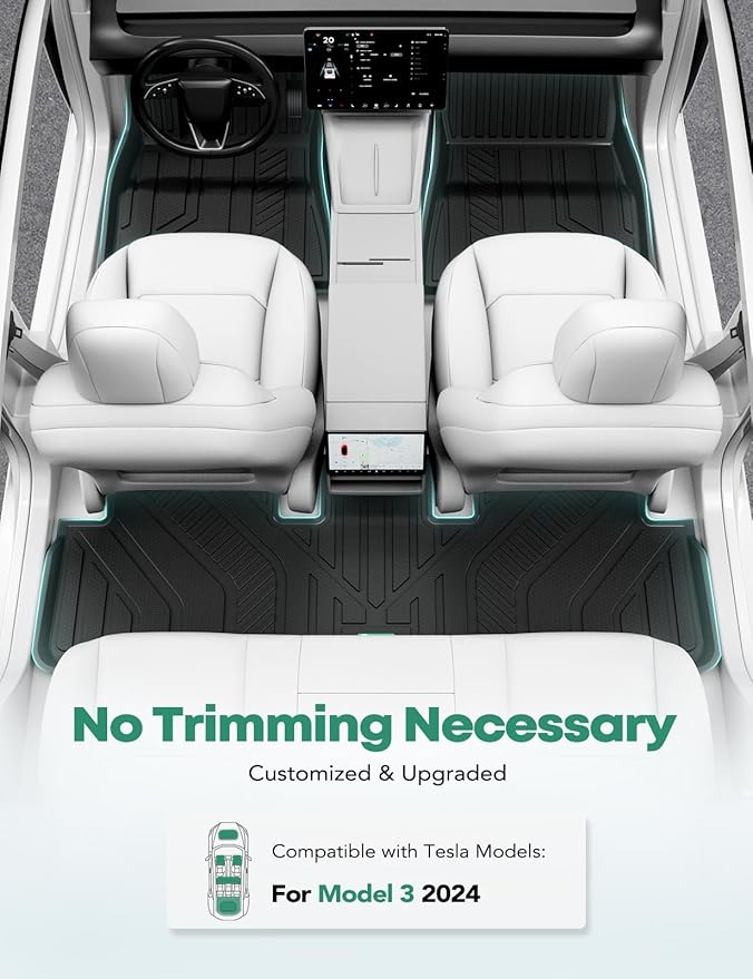 YHTAUTO Car Floor Mats for Tesla Model 3 Highland 2025 2024 Accessories, Custom Fit All Weather TPE Car Mats, Include Front Rear Trunk Cargo Liner & Rear Storage Liner Mats & Odorless Floor Mat, 6PCS