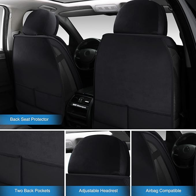 AOOG Fuzzy Leather Car Seat Covers, Heated Front Bench Back Cushion Protector for Cars SUV Trucks (Front Seat, Black)
