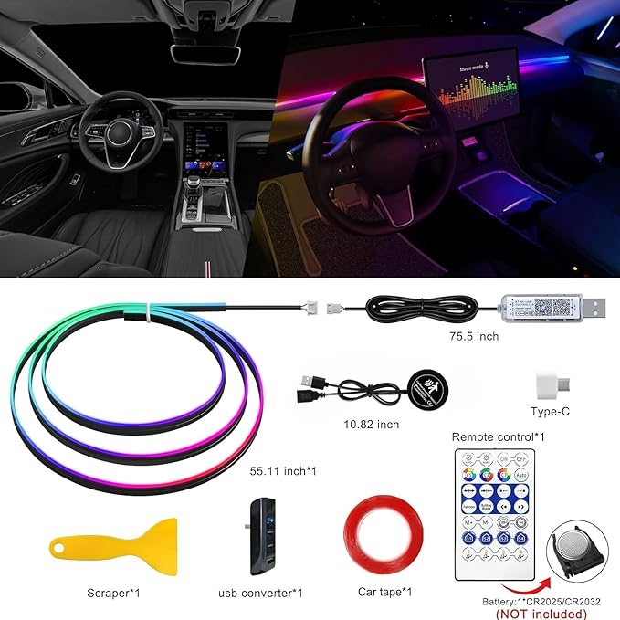 Acrylic Interior Car LED Strip Light with 30S Motion Sensor Switch&USB Hub, Dreamcolor 55.1 inches Ambient Lighting Kits, RGB Colors Neon LED Strip Light