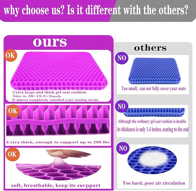 Plus Size Gel Seat Cushion, Extra Large and Thick, Seat Cushion for Pressure Relief for Back, Hip, Sciatica, Tailbone Pain, Used for The Office, Car, Wheelchair, Truck, Recliner.(Rose red)