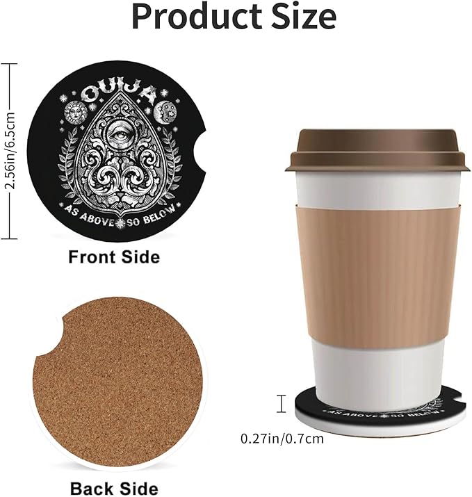 Absorbent Car Coasters for Cup Holders, 2 Pack Universal Anti Slip Ceramic Cup Coaster for Women Men 2.56 Inch Car Interior Accessories - Vintage Ouija 022