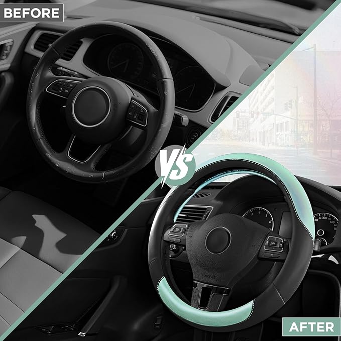 Road Comforts Steering Wheel Cover – Breathable Leather Steering Wheel Cover, Anti-Slip Grip, Universal Fit 14.5” to 15”, Heat & Cold Resistant for Cars, SUVs, and Trucks – Black & Shining Light Blue